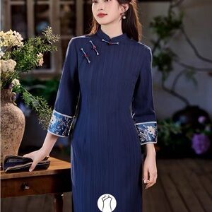 Elegant Navy Blue Cheongsam Dress